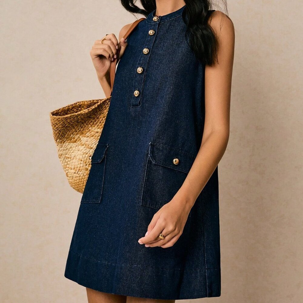 Dark Wash Casual Women's Denim Sleeveless A-Line Dress - Picture 5 of 8